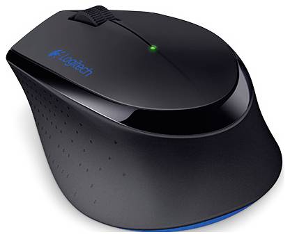 'Black and blue wireless computer mouse with a scroll wheel, featuring Logitech logo on the side.'