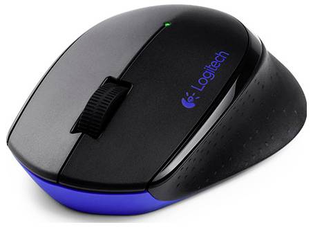 'Wireless Logitech mouse with ergonomic design and blue highlights, featuring a scroll wheel and a small green power indicator light.'
