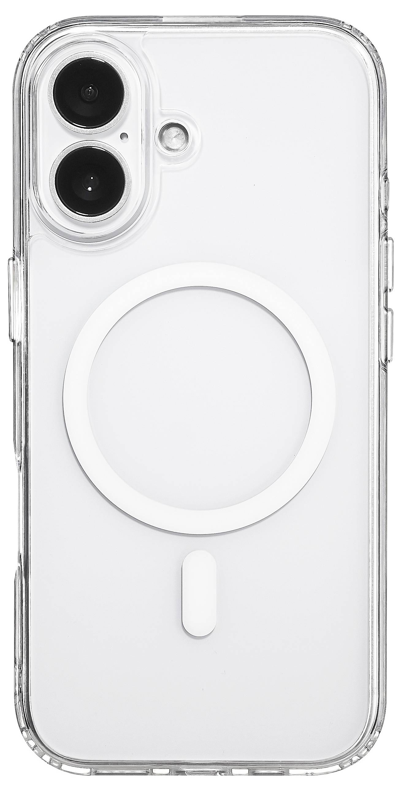 A smartphone with a dual-lens camera and a clear protective case featuring a circular magnetic charging symbol on the back.