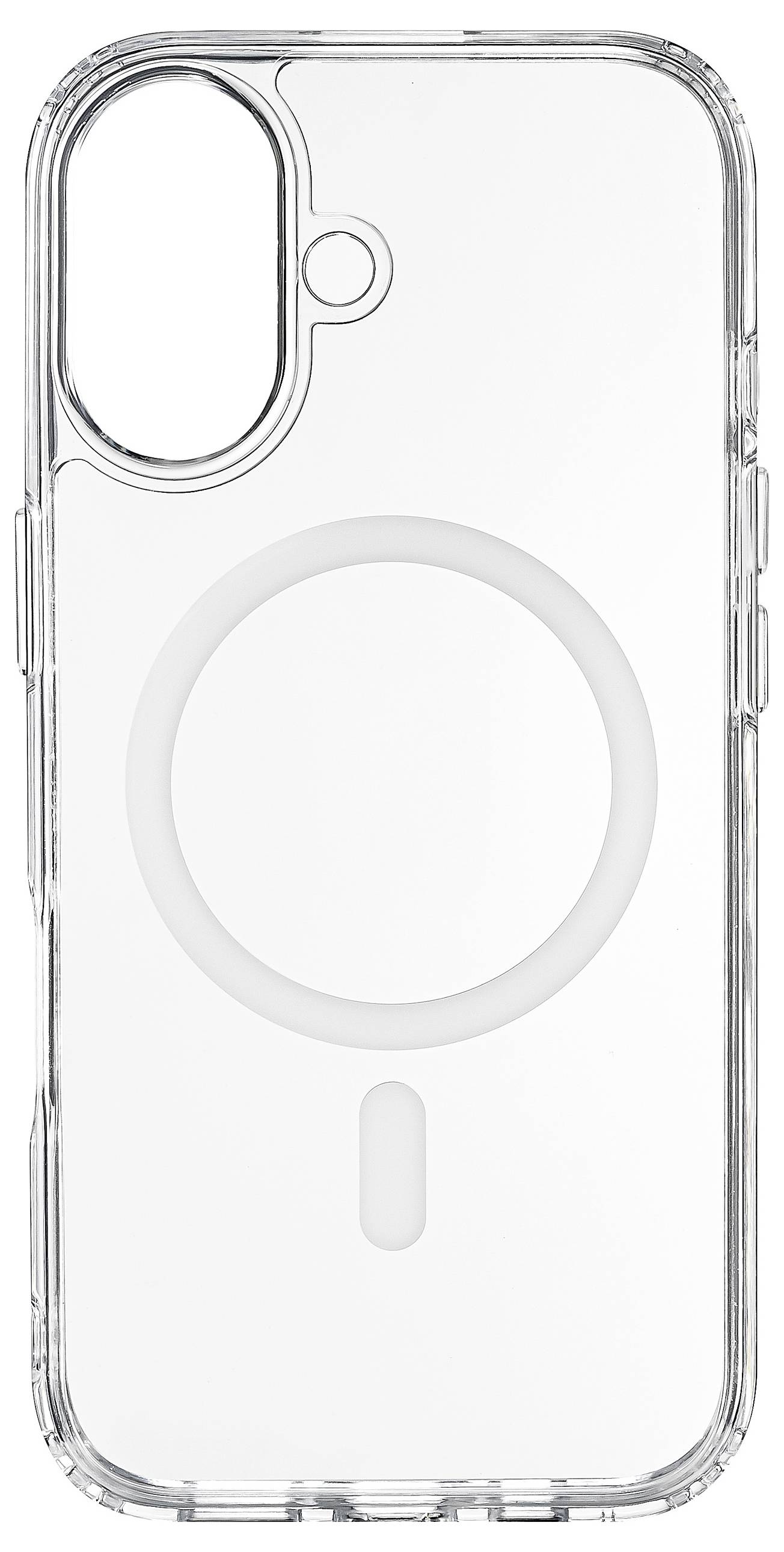 Clear phone case with a magnetic ring for charging alignment, designed for a dual-camera smartphone.