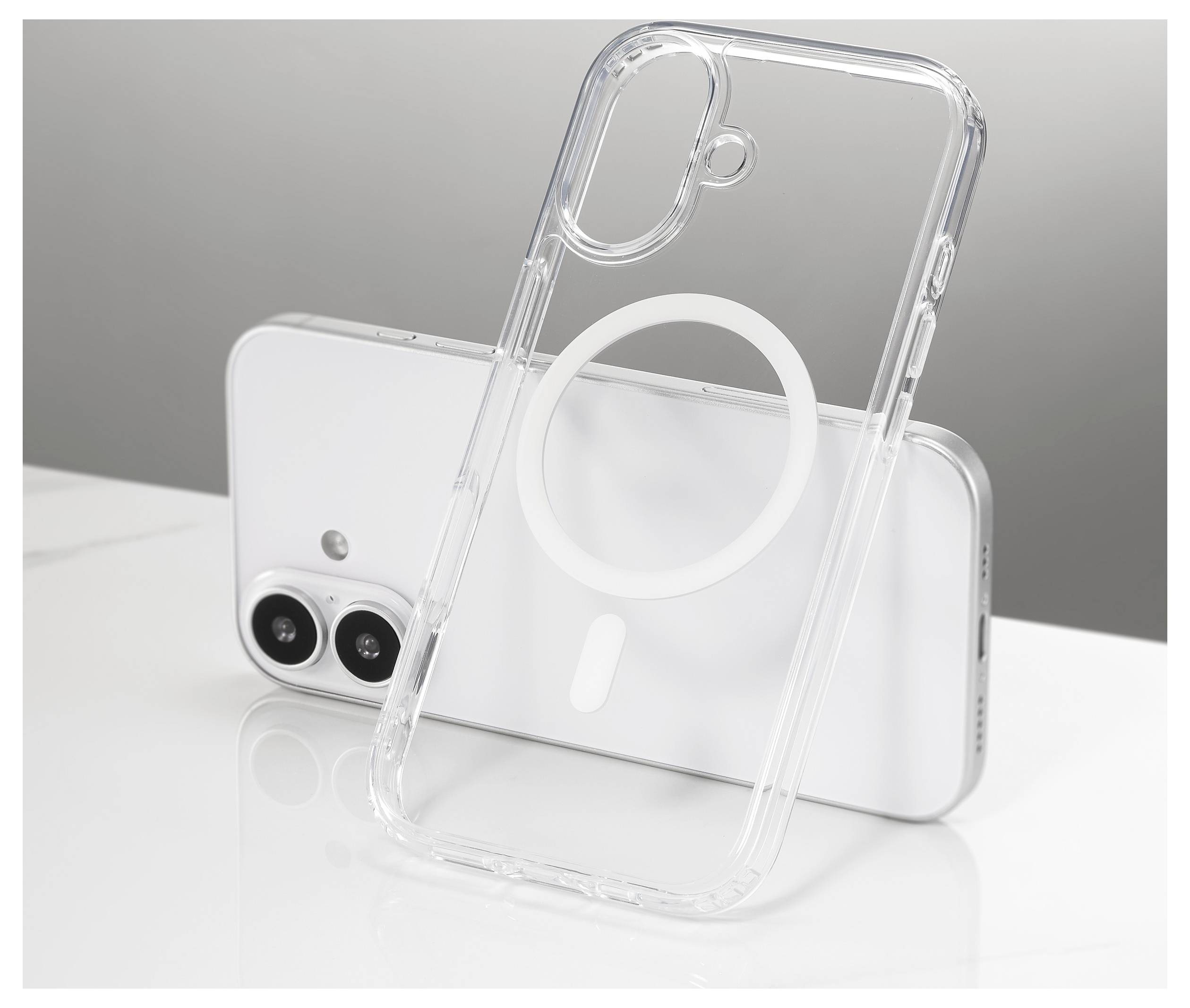 'A clear phone case with a circular design on the back is leaning against a white smartphone, showing dual cameras, on a white surface.'