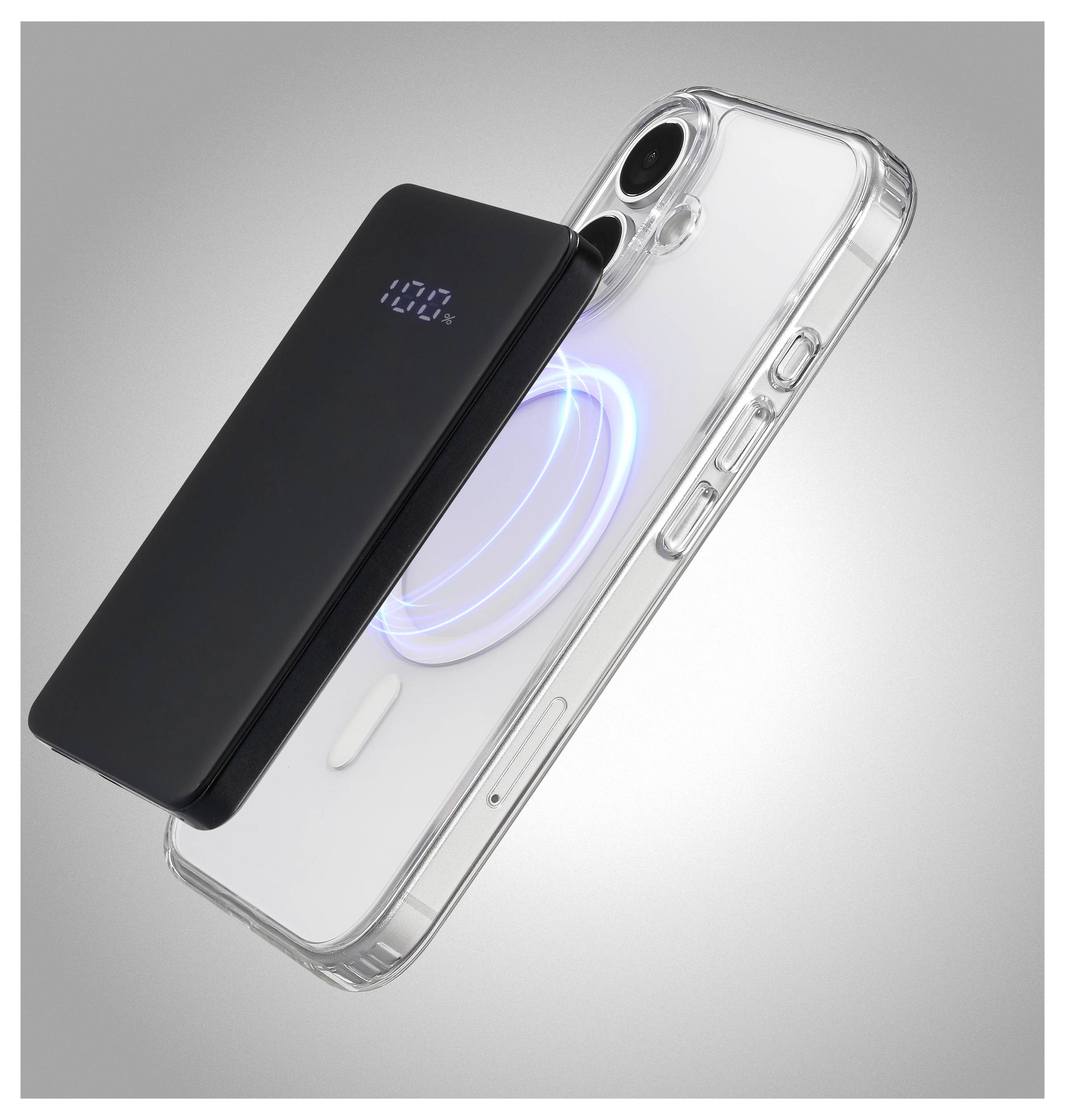 Transparent phone case with a circular blue light pattern surrounding a wireless charging pad. A black phone accessory hovers above.