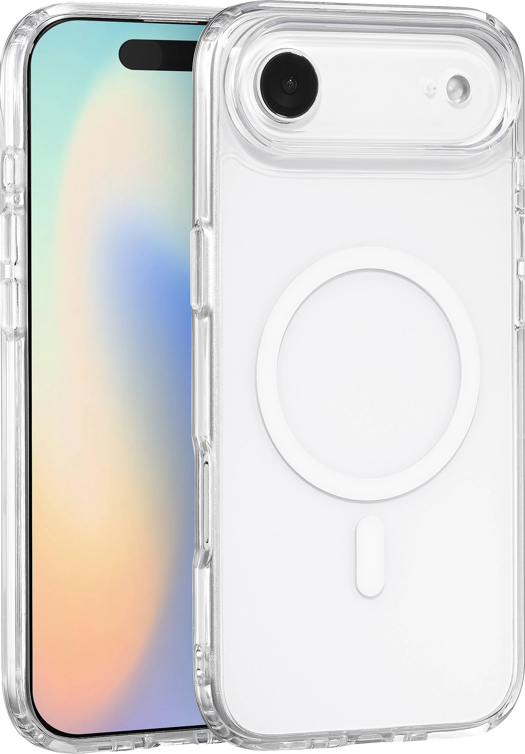 Two smartphones in clear cases, showcasing both the front display and rear camera. The back case features a circular charging symbol.