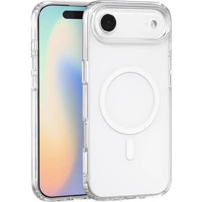 Two smartphones in clear cases, showcasing both the front display and rear camera. The back case features a circular charging symbol.