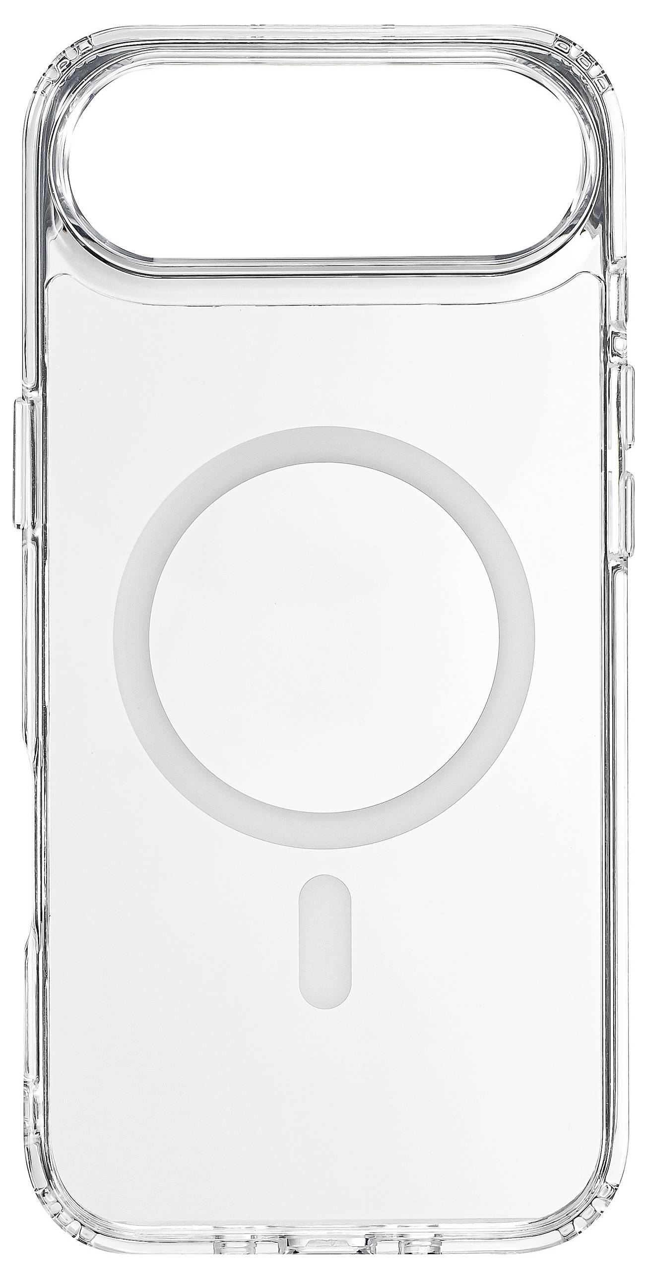 A transparent phone case with a circular MagSafe ring on the back, designed for wireless charging compatibility.