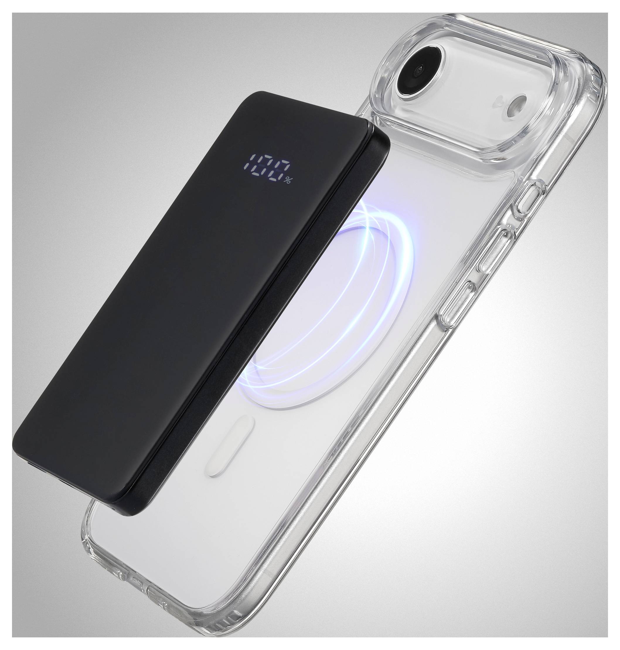 A transparent smartphone case displaying a glowing coil wirelessly charging a power bank attached magnetically to the back of the phone.