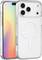 A smartphone with a rainbow gradient screen and a clear protective case featuring a circular design on the back.