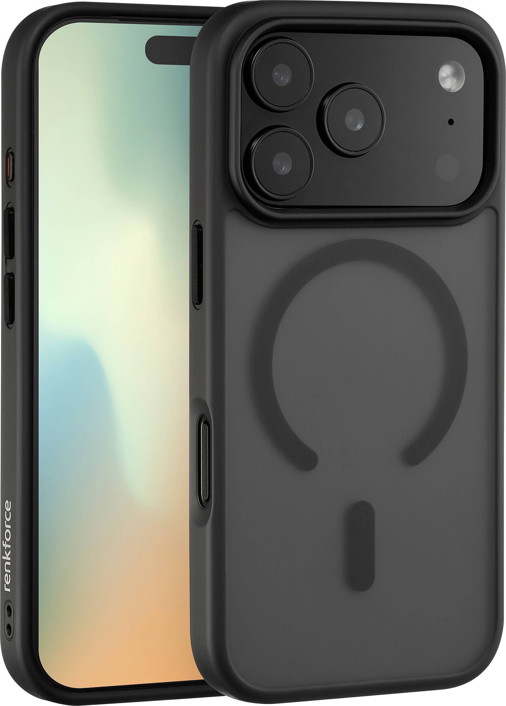 A black smartphone features a triple-camera setup and a screen with a minimalist gradient wallpaper.