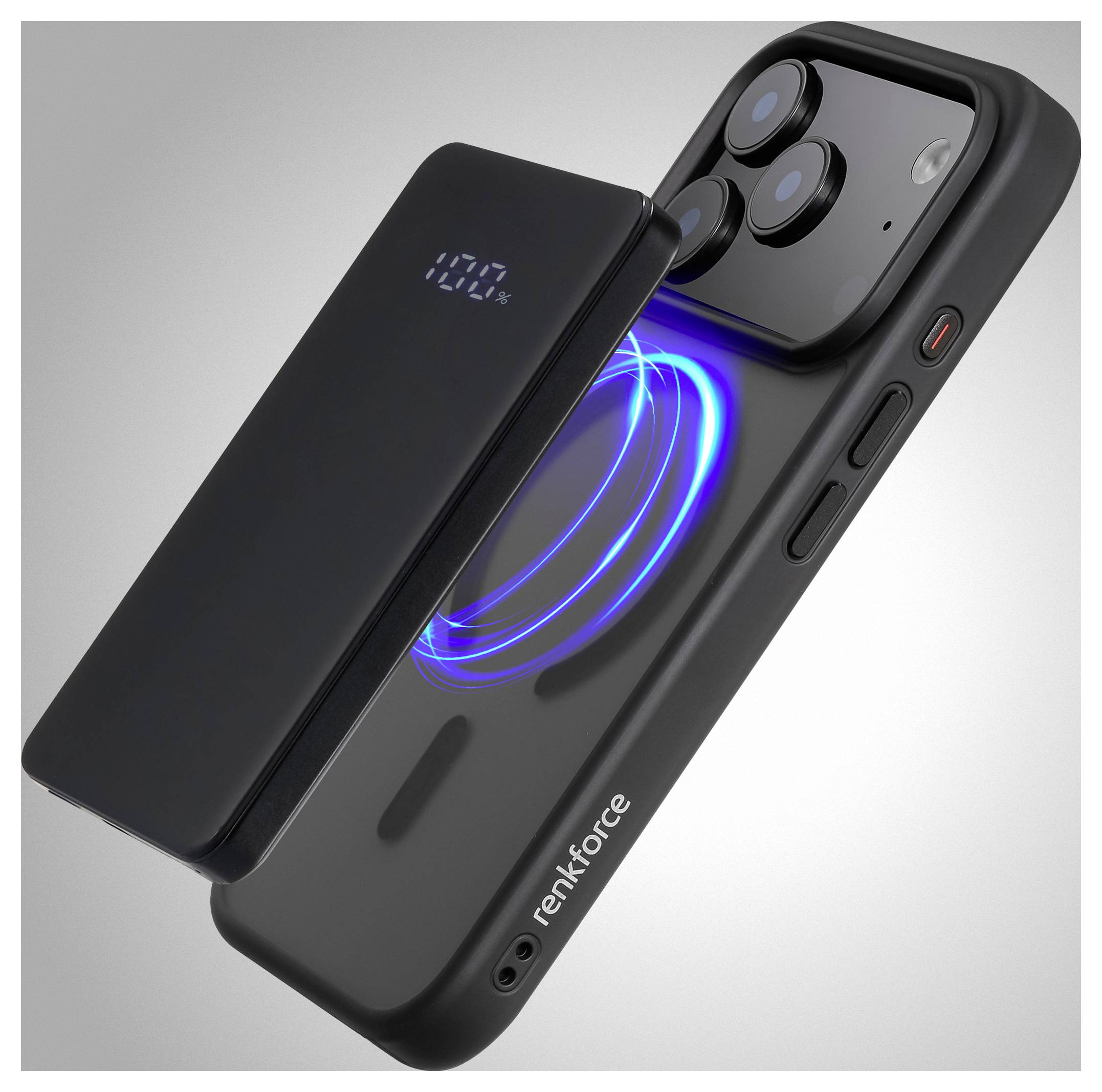 A black Renkforce smartphone with a detachable magnetic back cover is shown. The cover displays '100%' and features a blue charging light.