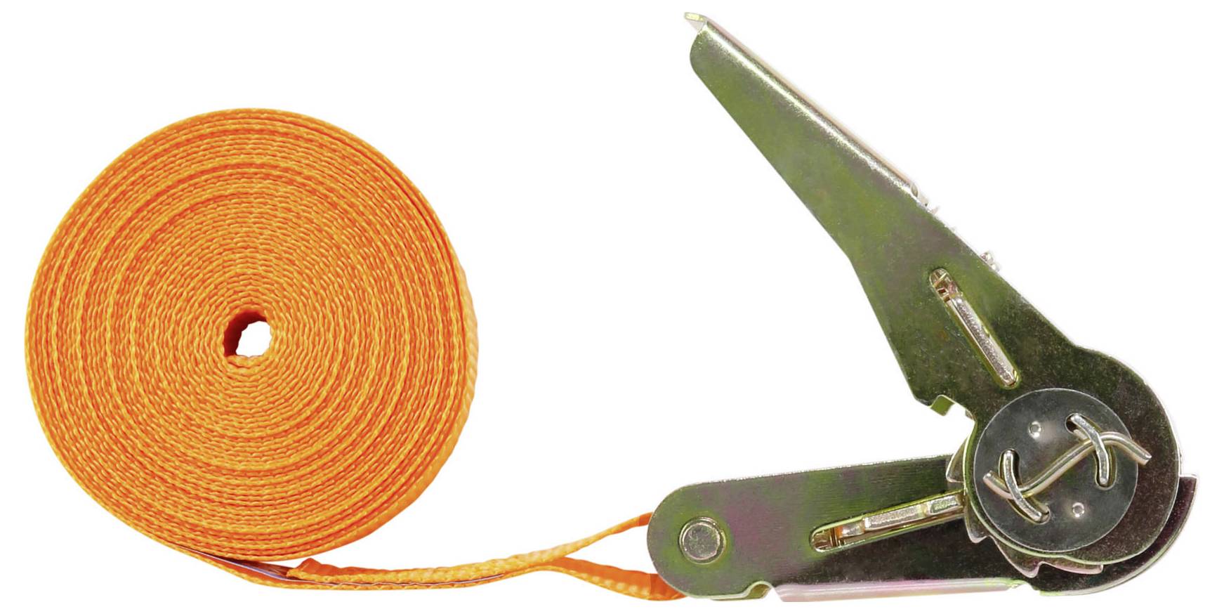 'Orange ratchet strap with rolled strap'