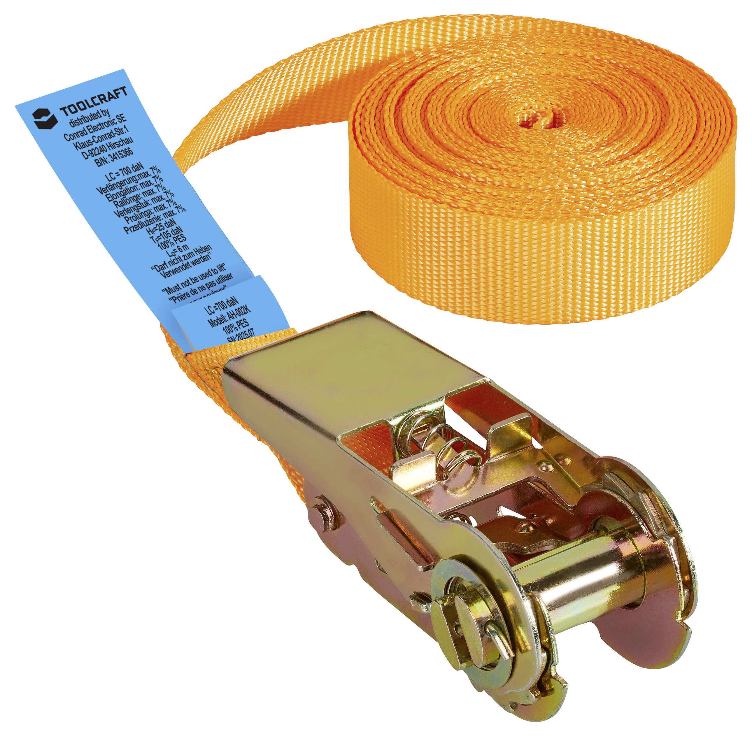 An orange ratchet strap with a metal buckle and a blue label. Used for securing cargo.