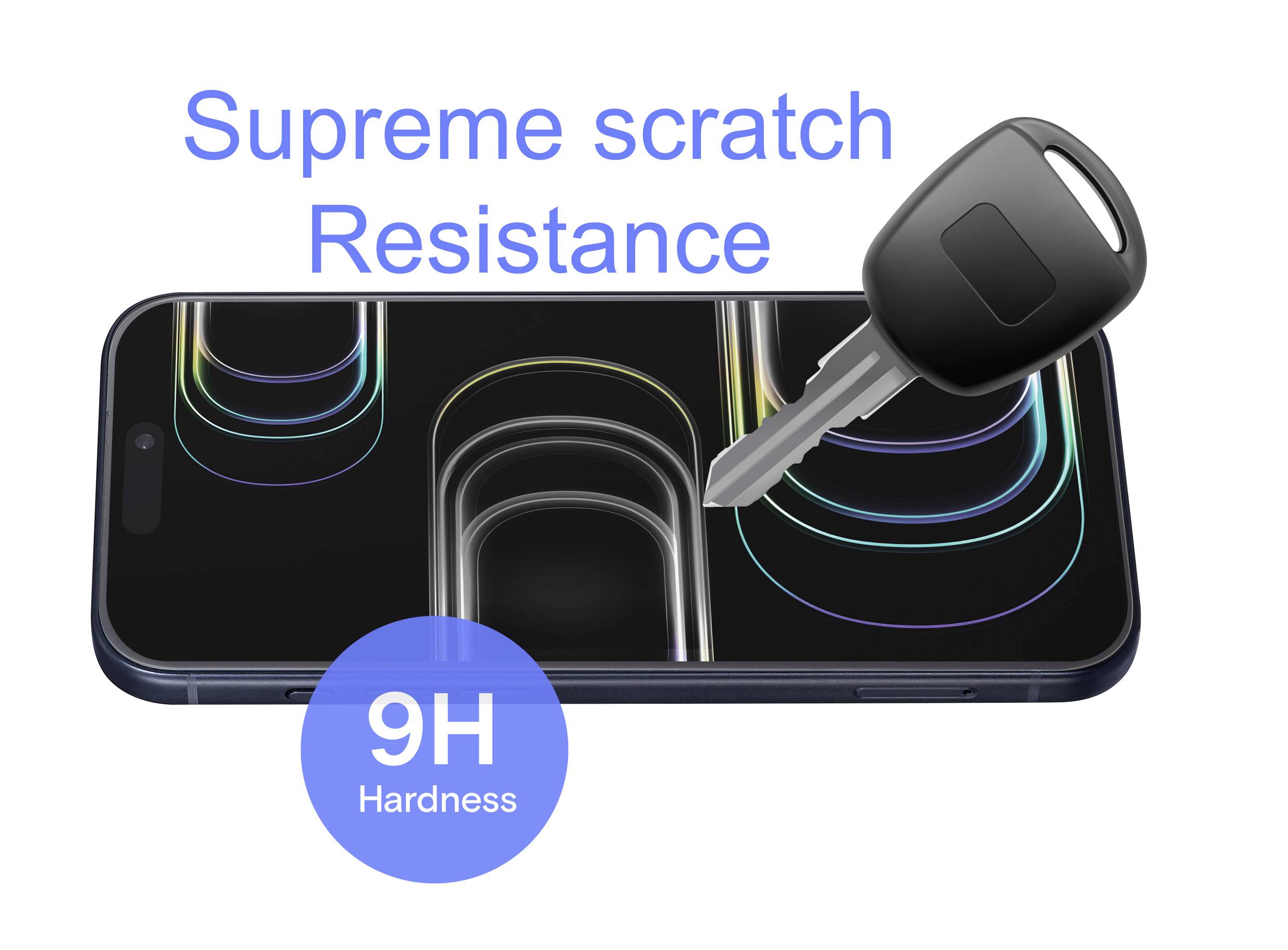 A smartphone screen withstands a car key on its surface, demonstrating 'Supreme scratch resistance' with '9H hardness' highlighted.