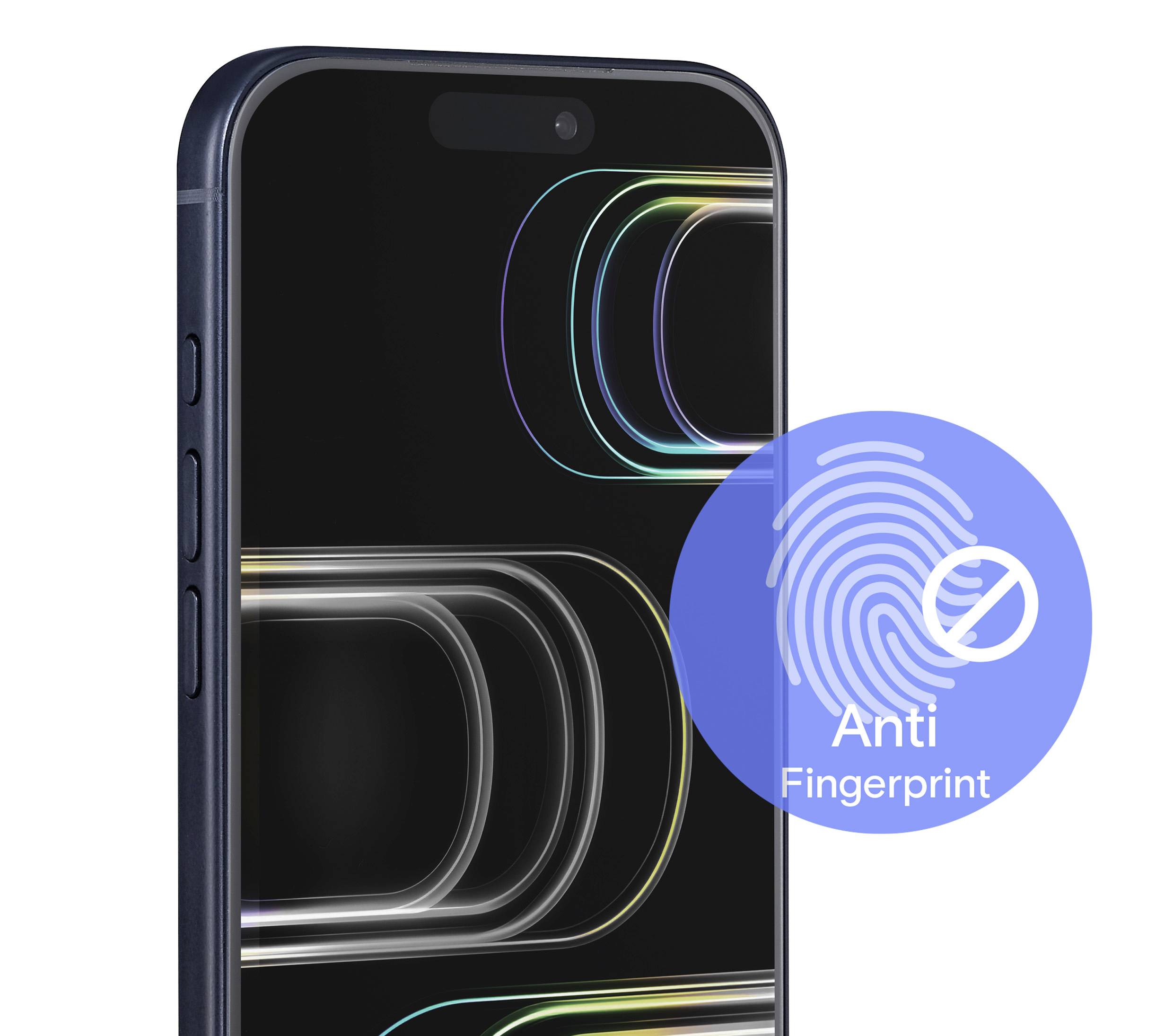 A smartphone with a dark screen featuring abstract colorful designs. A blue icon overlay shows a fingerprint symbol with text 'Anti Fingerprint'.