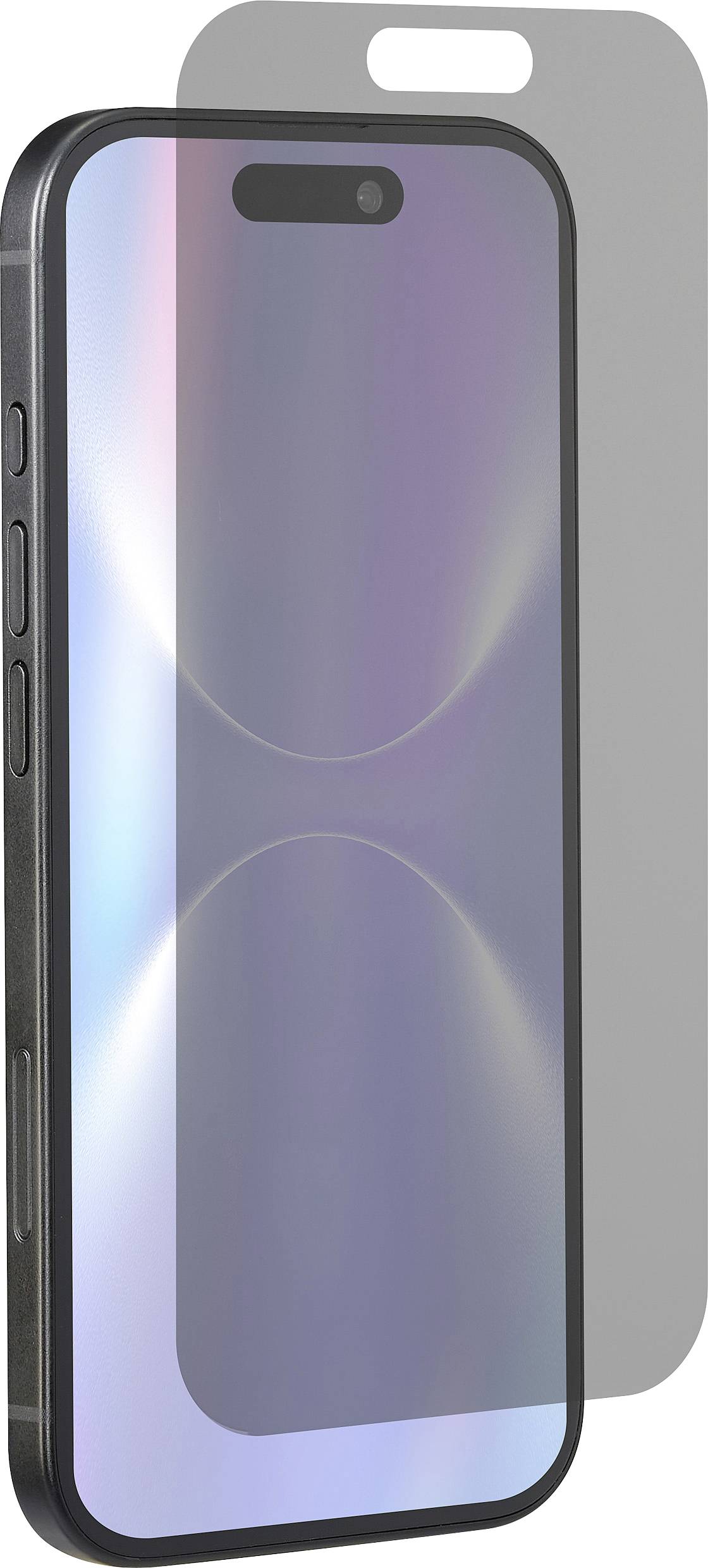 A smartphone with a reflective screen protector partially covering it, showing button detail on the left side, against a white background.