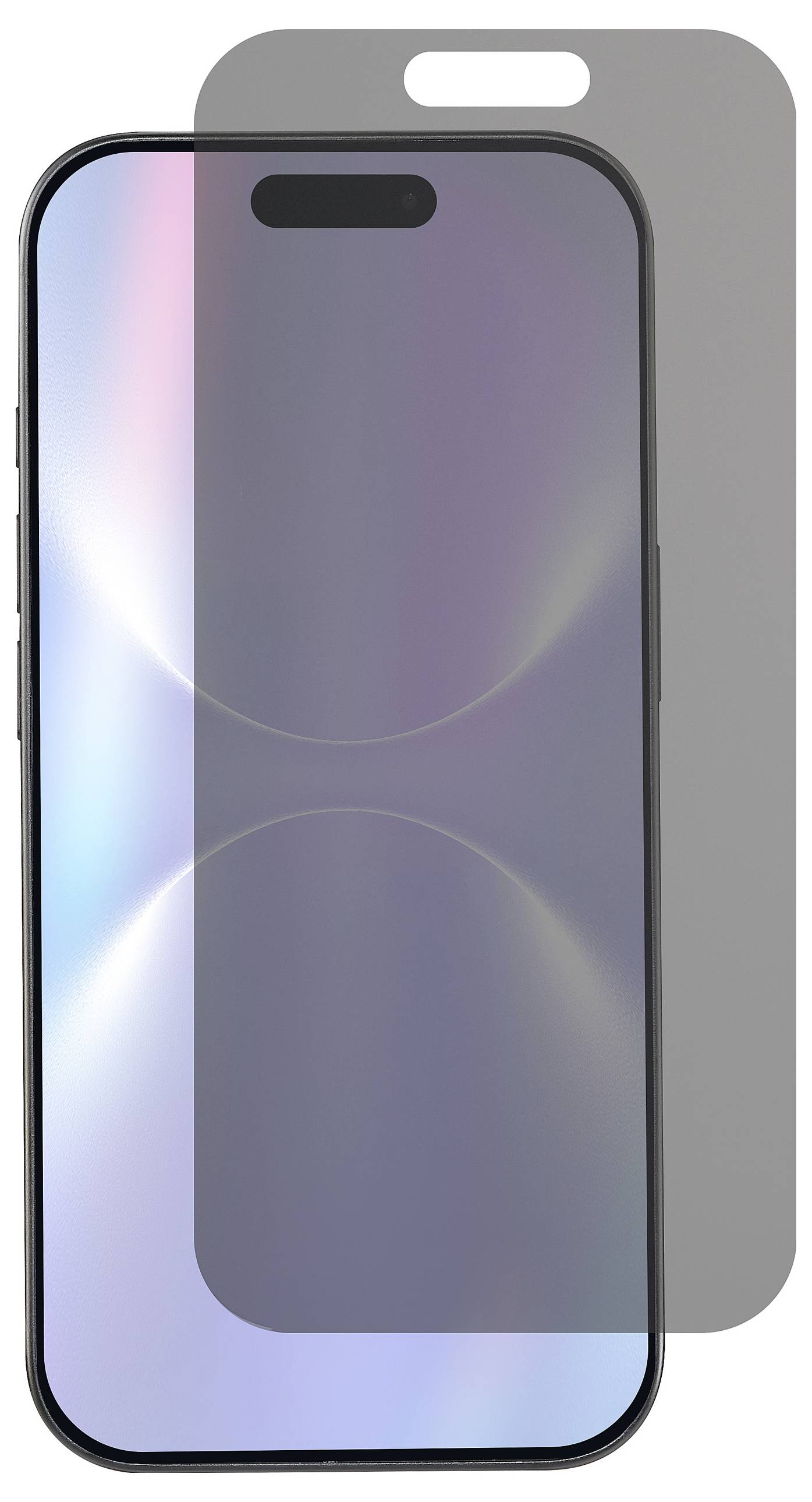 A smartphone with a reflective, colorful screen. A gray, cutout screen protector is shown behind, aligned to fit the phone.