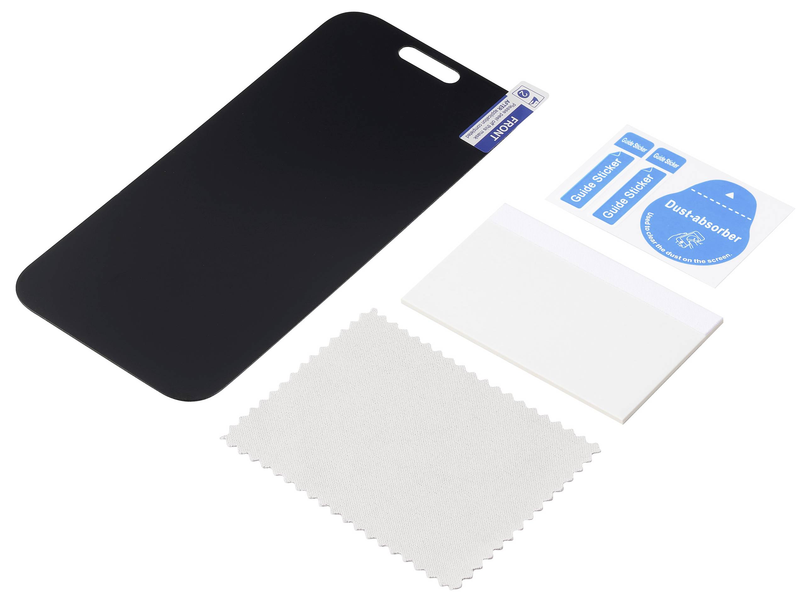 Screen protector kit including a black privacy filter, two blue 'Guide Sticker', a white applicator card, and a cleaning cloth.