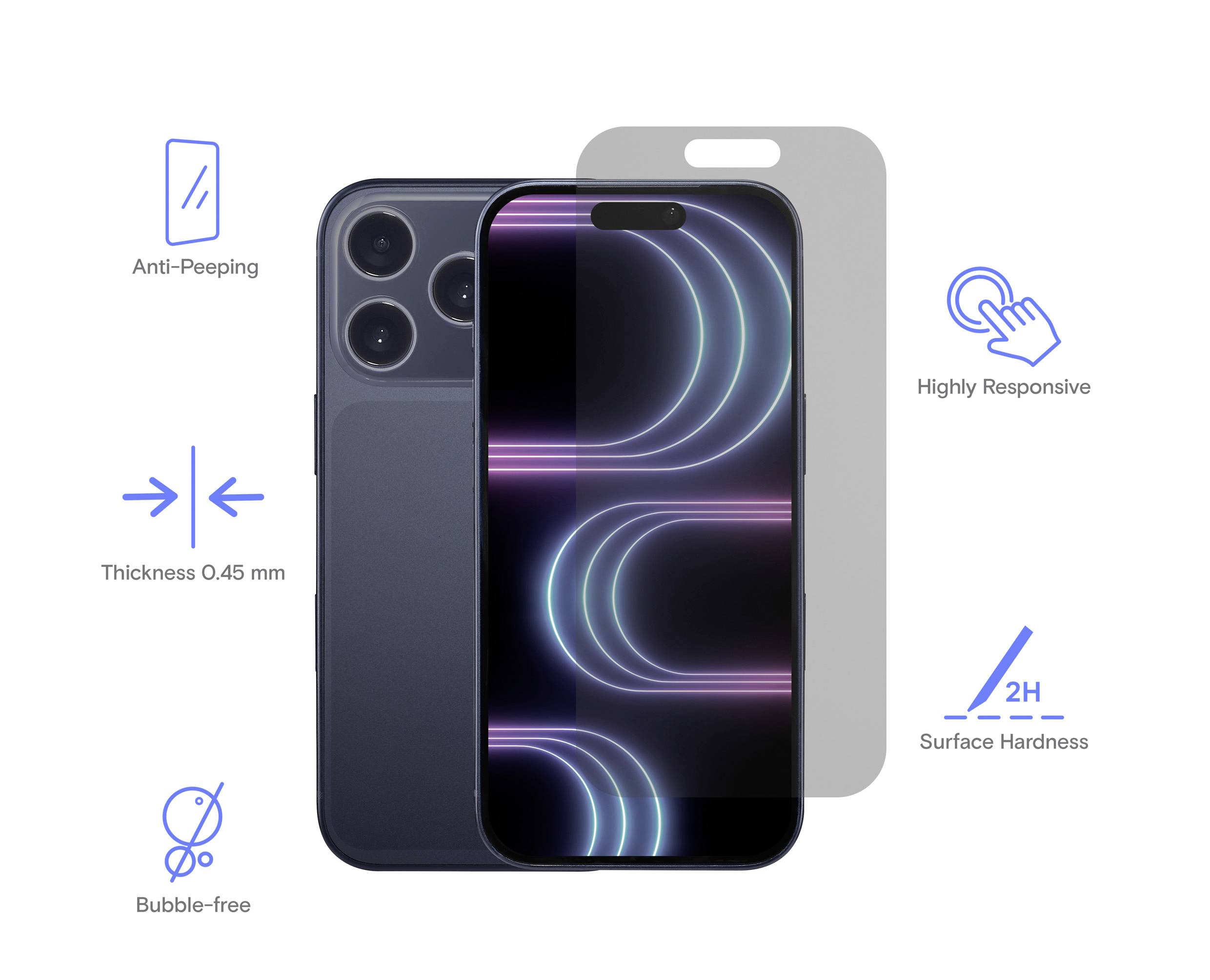 Phone screen protector advertised with features: anti-peeping, 0.45 mm thickness, highly responsive, bubble-free, 2H surface hardness.