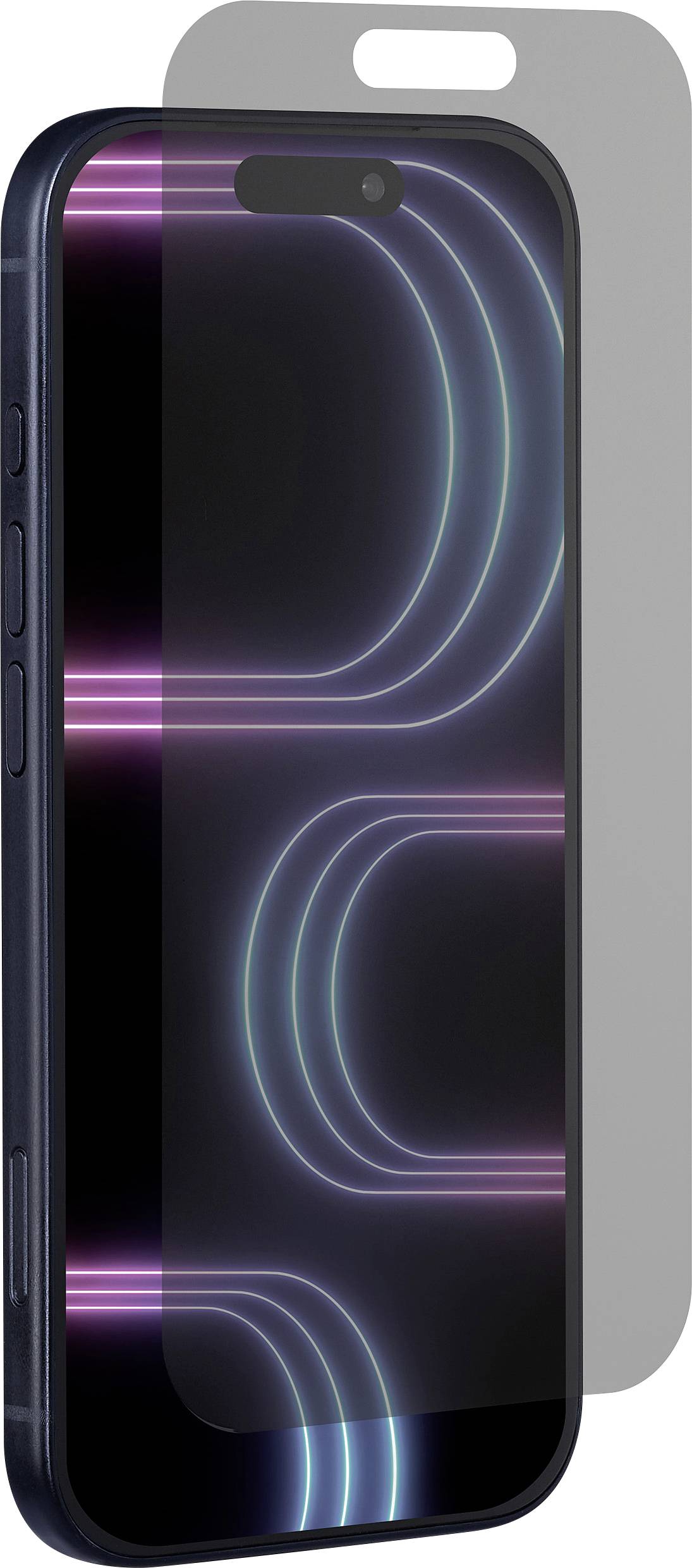 A smartphone with a glowing neon pattern on the screen is partly covered by a semi-transparent screen protector, suggesting installation.