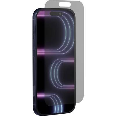 A smartphone with a glowing neon pattern on the screen is partly covered by a semi-transparent screen protector, suggesting installation.