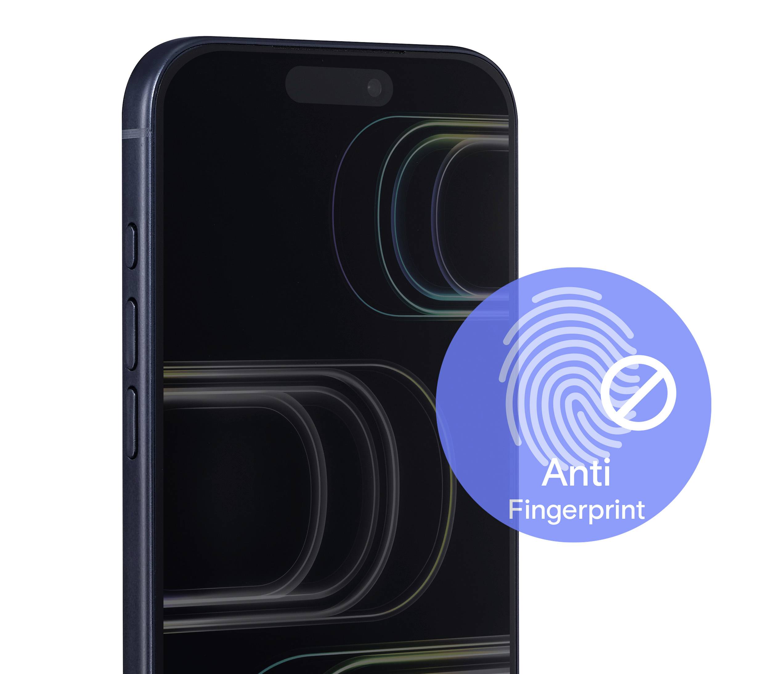 A smartphone with a close-up of its screen showing a blue badge reading 'Anti Fingerprint' with a graphic of a fingerprint and a prohibition symbol.