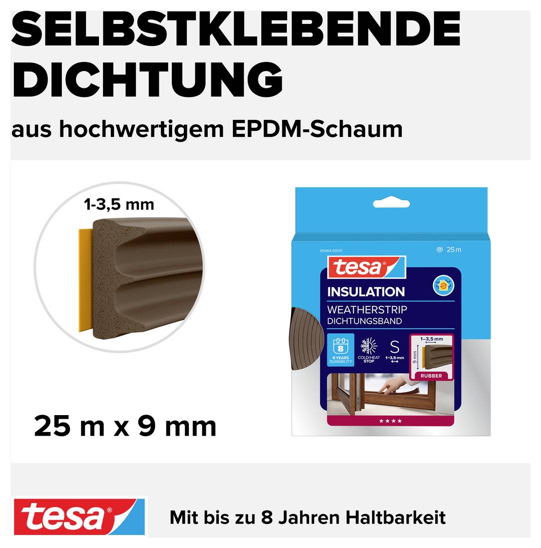 'Self-adhesive sealing strip made from EPDM foam, 25 m x 9 mm, with durability of up to 8 years. Suitable for windows and doors. Brand: tesa.'