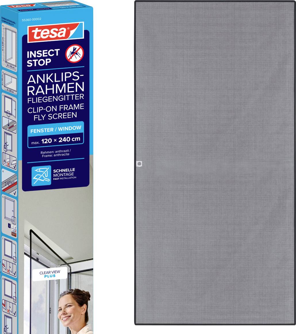 Tesa insect stop clip-on frame fly screen for windows, shown with gray framed mesh panel and packaging indicating max 120 x 240 cm and easy installation.