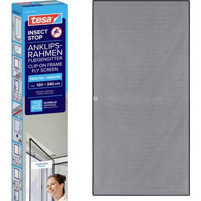 Tesa insect stop clip-on frame fly screen for windows, shown with gray framed mesh panel and packaging indicating max 120 x 240 cm and easy installation.