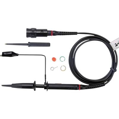 'Oscilloscope probe set with multiple components: two probes, cables, adapter rings, and hook clip.'
