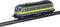 A green model train with a yellow stripe and the number '5305' is travelling on a track.