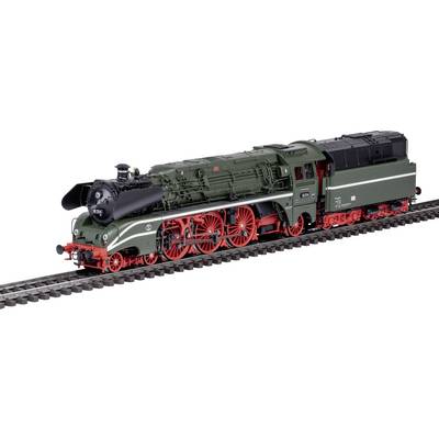 A model of a historic steam locomotive on tracks, with green and red paintwork, detailed wheels and boiler structure visible.