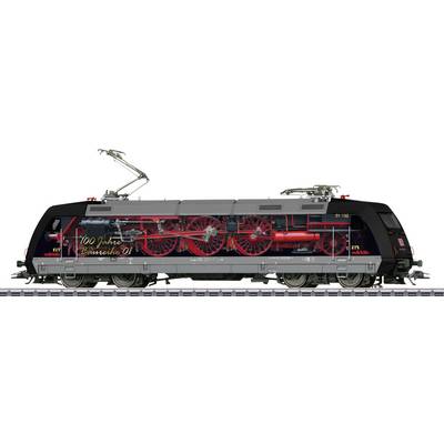 A model of an electric locomotive with a black body and red wheels, inscribed with '100 Years of Class 01'.