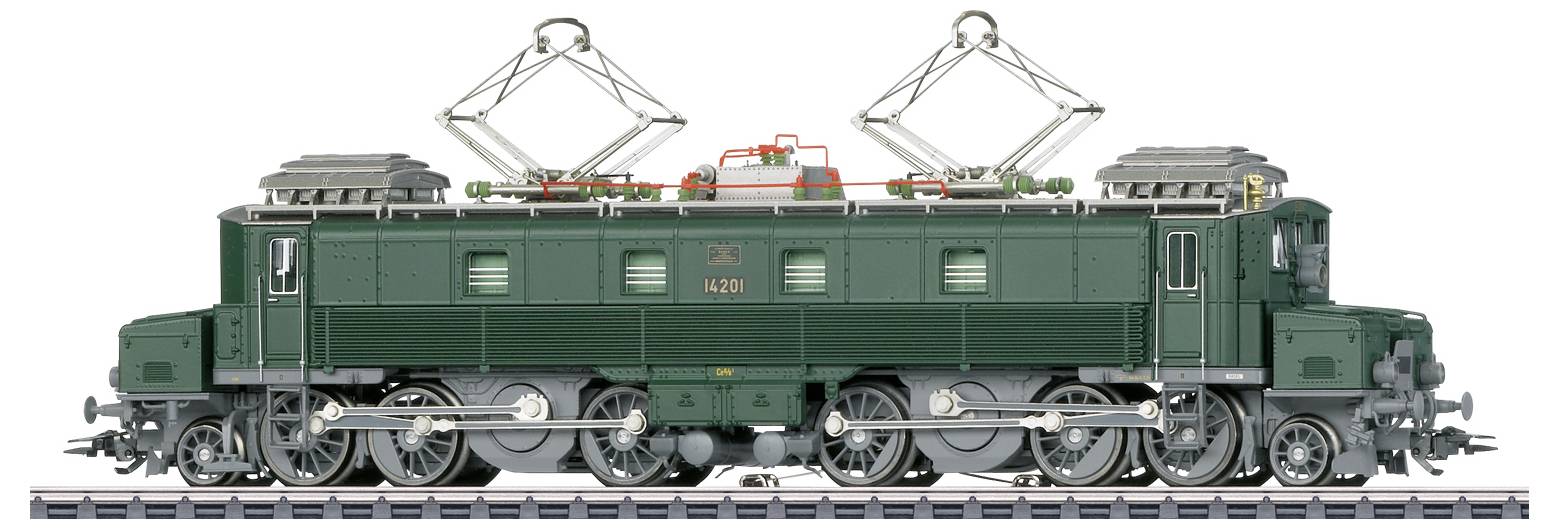 Green model train with two pantographs on track. Historic electric locomotive in detailed construction.