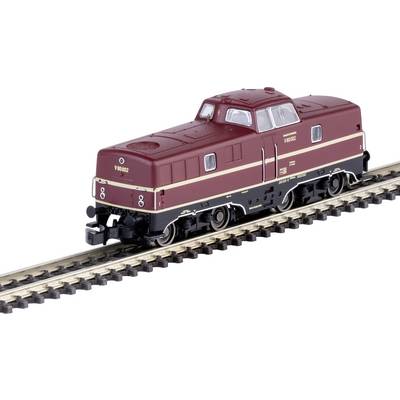 A model of a red diesel locomotive on a piece of track. The locomotive has beige stripes, offers realistic details and is in miniature size.