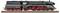 Green historic steam locomotive with red wheels, side view. It is standing on a track and has black details.