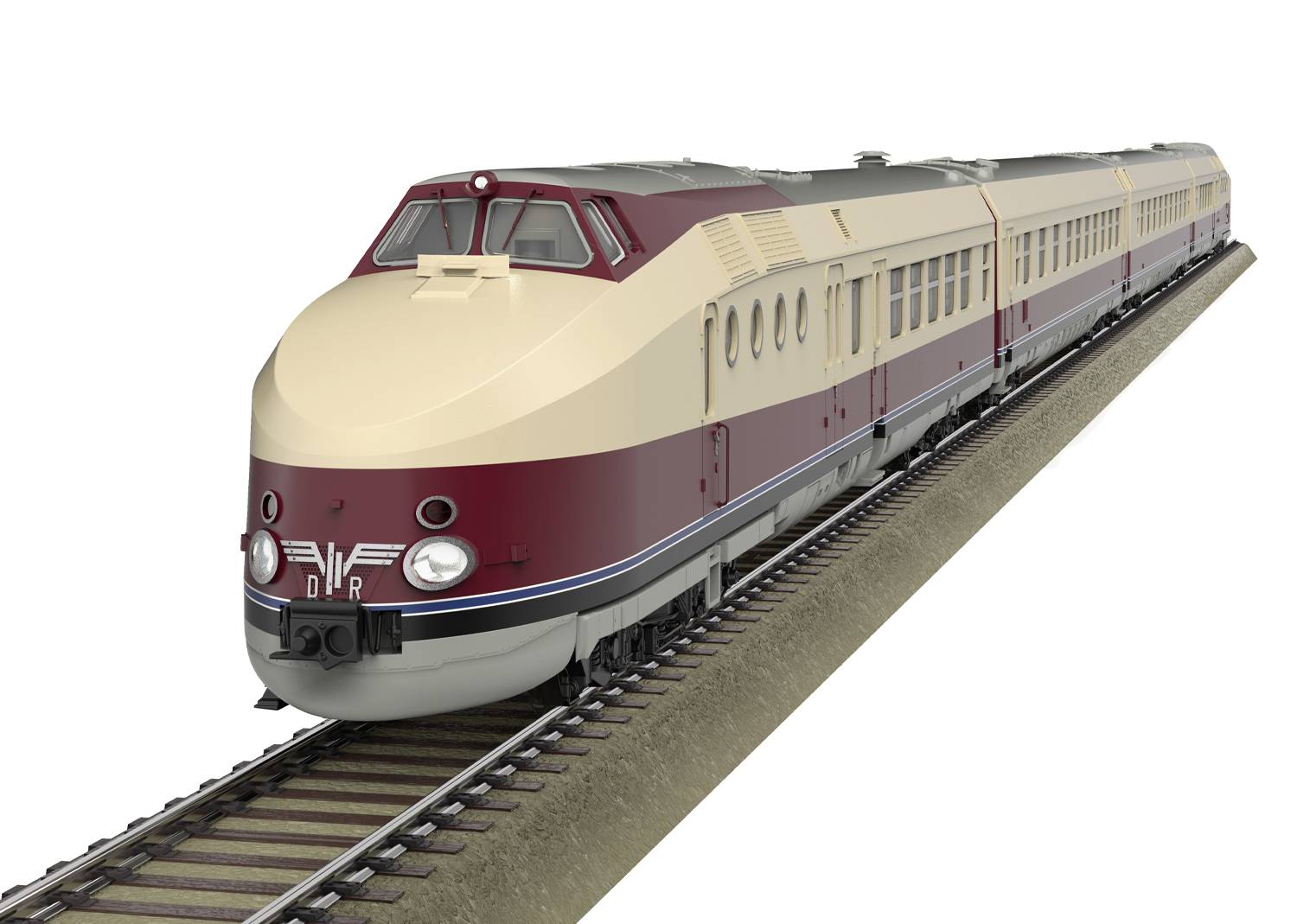 A two-tone, aerodynamic train travels on rails, with red and beige paintwork. The train has a distinctive, rounded front.