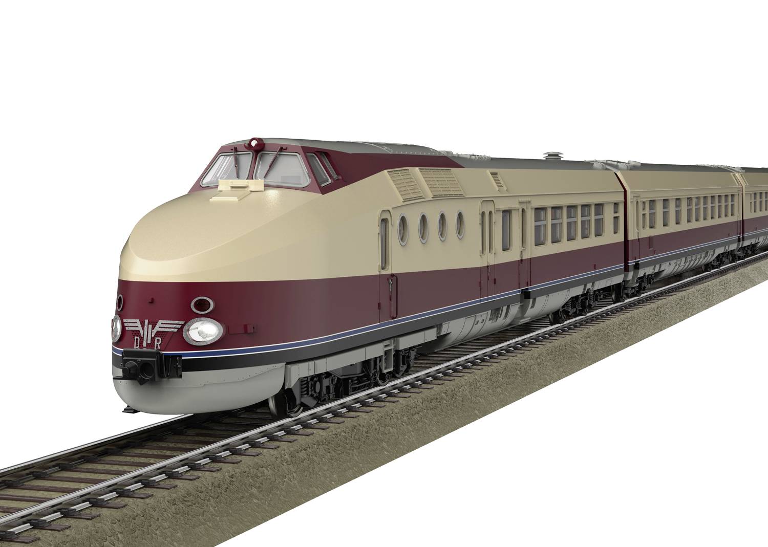 A cream-coloured, rust-brown striped express train runs on tracks, side view. The train has a futuristic front.