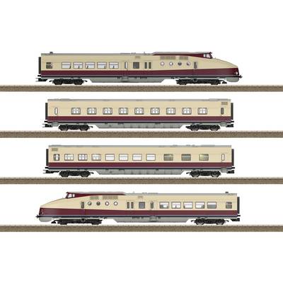 Four trains in a row, each in a different form and size, all in beige and red. They showcase various railway carriage designs.