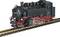 A black steam locomotive with a red chassis is travelling on a track. It has a classic design with visible boilers and pipes.