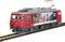 A red model toy of an electric locomotive on tracks, decorated with pictures of construction workers.
