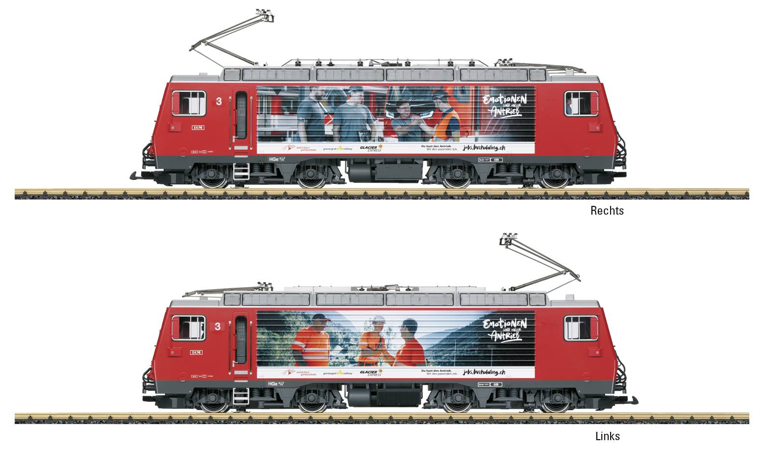 Two side views of a red locomotive with advertising graffiti depicting people in orange protective clothing. Labelled on the left and right.