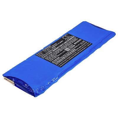 An elongated, blue lithium-ion battery with a black label containing technical specifications and safety instructions.