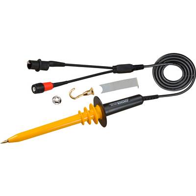 Test probe with cables and accessories, suitable for electrical testing. Includes hook attachment and adapter, yellow handle for secure grip.