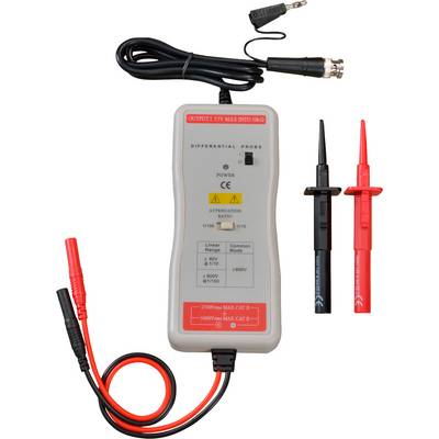 Differential probe head with red and black test leads, suitable for max. 150 MHz and 2000 V. With voltage display and BNC connection cable.