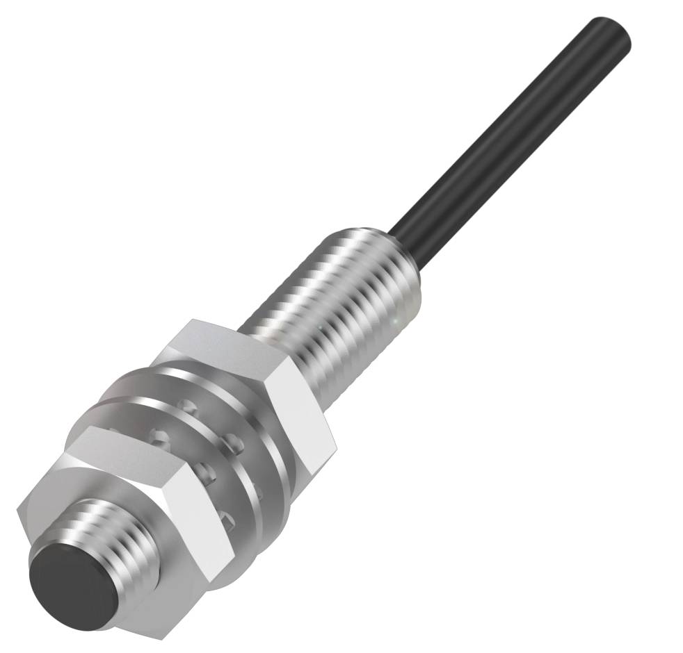 A cylindrical metal induction sensor with a black cable at one end. Primarily used in industrial automation.