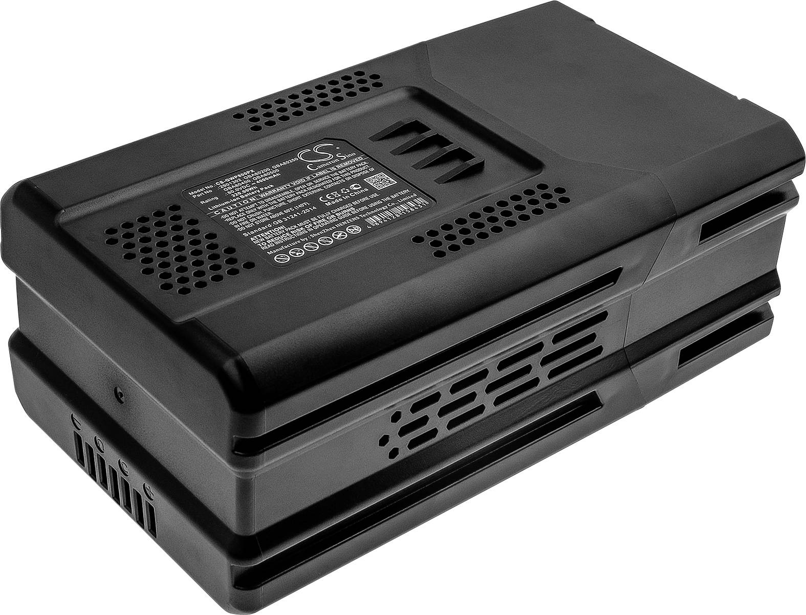 Black, rectangular electrical device with ventilation slots and technical label on top.