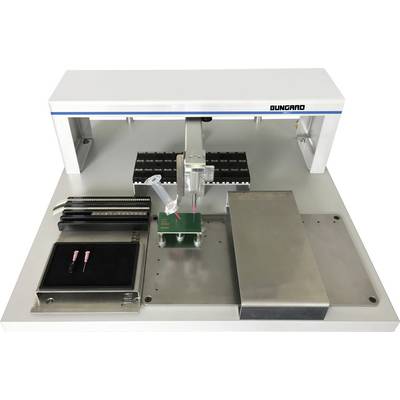 A device for automatic printed circuit board population. It shows tools and a circuit board on the work table.