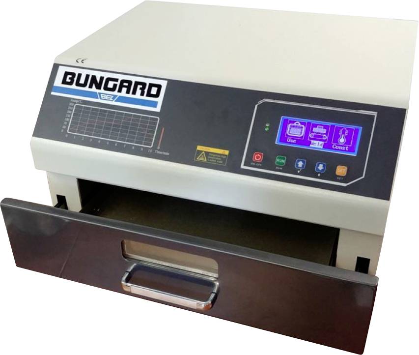 'Bungard' UV exposure device with open drawer and digital display for controlling exposure parameters.
