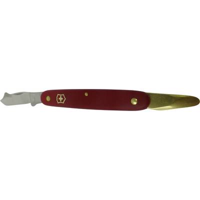 A red-handled pocket knife with a gold shield emblem and a partially open blade on one side.