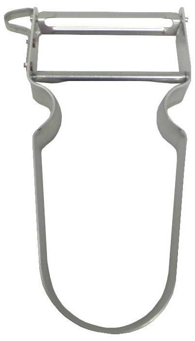 Metal vegetable peeler with a curved handle and sharp blade, designed for efficiently peeling fruits and vegetables.