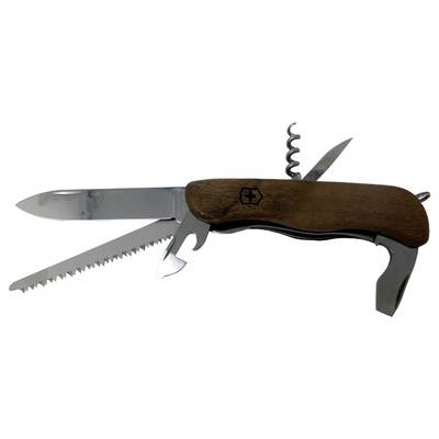 A brown-handled Swiss Army knife showing an open blade, saw, corkscrew, and can opener, illustrating its multifunctional design.